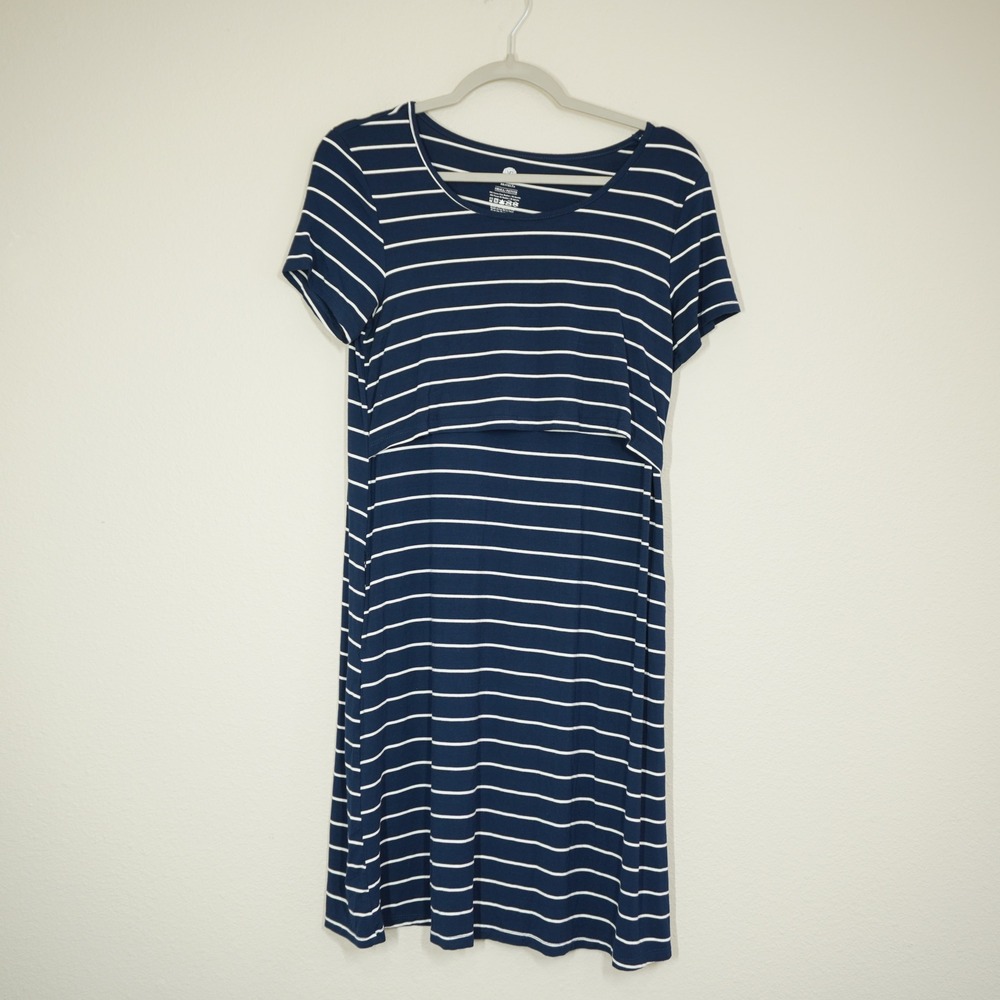 Kindred Bravely Size Small Nursing Comfort Dress Navy Blue White Striped Bamboo